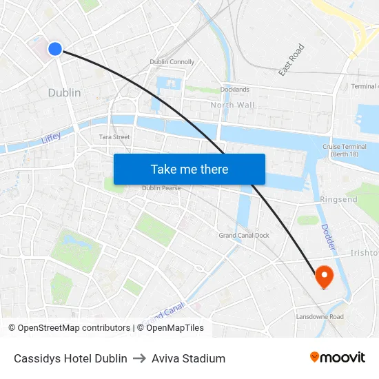 Cassidys Hotel Dublin to Aviva Stadium map