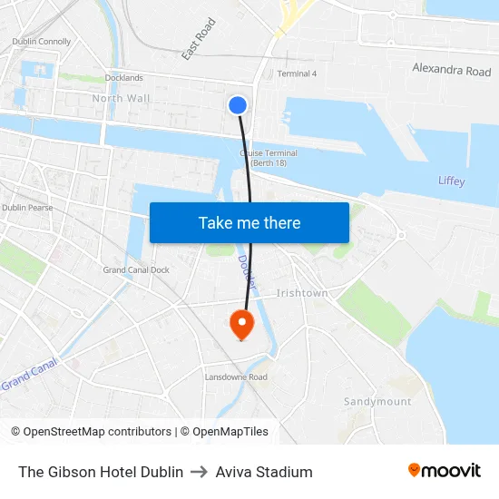 The Gibson Hotel Dublin to Aviva Stadium map