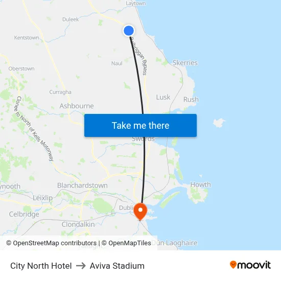 City North Hotel to Aviva Stadium map