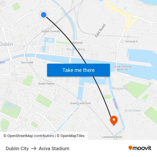 Dublin City to Aviva Stadium map