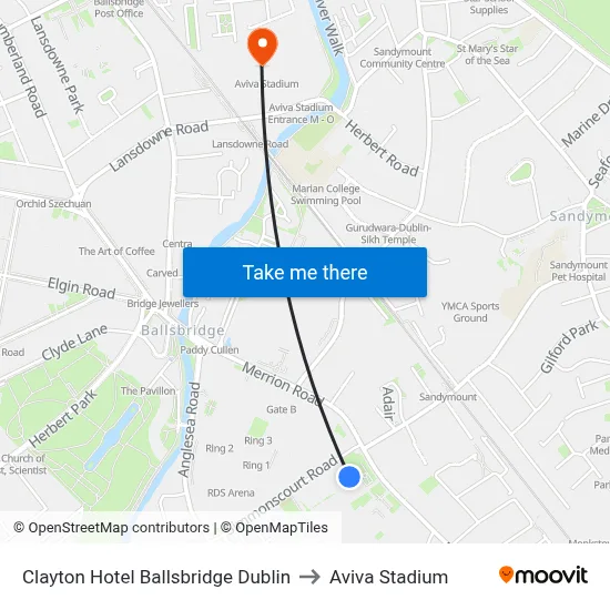 Clayton Hotel Ballsbridge Dublin to Aviva Stadium map