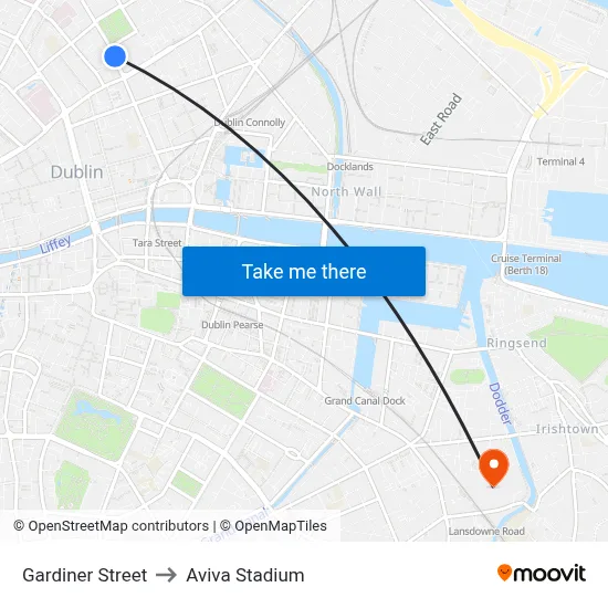 Gardiner Street to Aviva Stadium map
