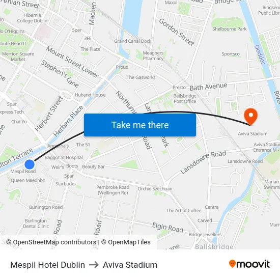 Mespil Hotel Dublin to Aviva Stadium map