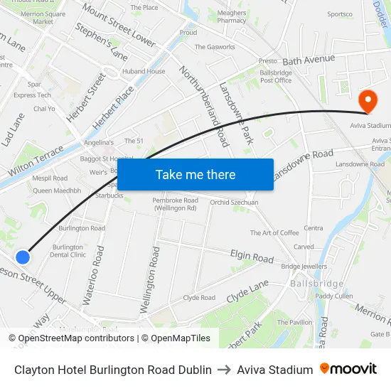 Clayton Hotel Burlington Road Dublin to Aviva Stadium map
