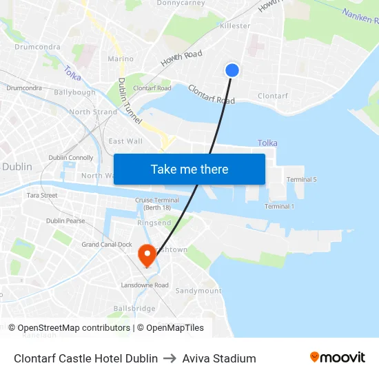 Clontarf Castle Hotel Dublin to Aviva Stadium map