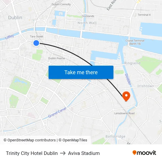 Trinity City Hotel Dublin to Aviva Stadium map