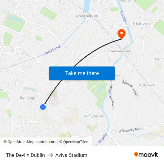The Devlin Dublin to Aviva Stadium map