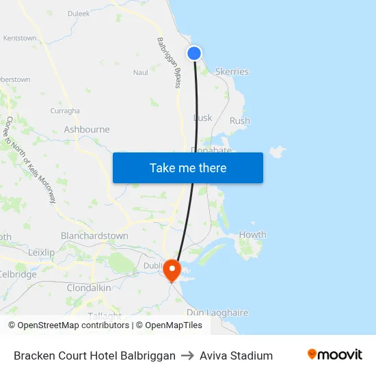 Bracken Court Hotel Balbriggan to Aviva Stadium map