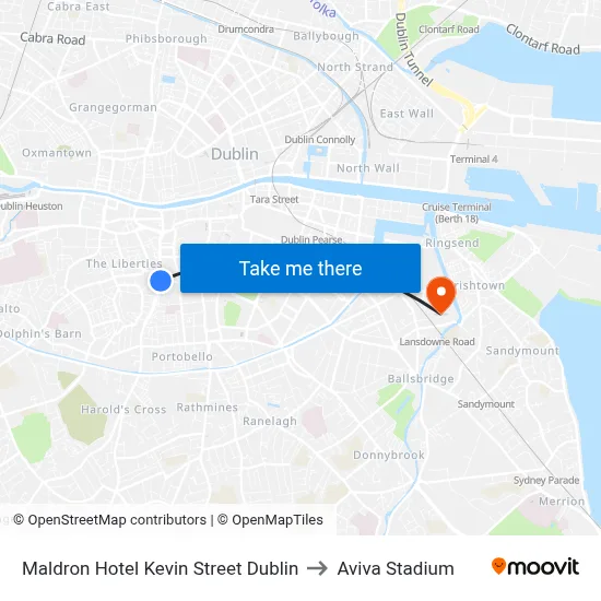 Maldron Hotel Kevin Street Dublin to Aviva Stadium map