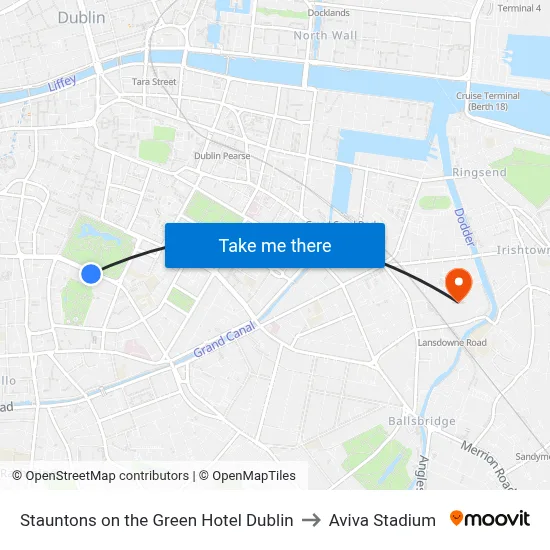 Stauntons on the Green Hotel Dublin to Aviva Stadium map