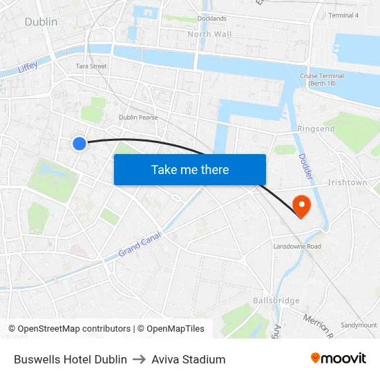 Buswells Hotel Dublin to Aviva Stadium map