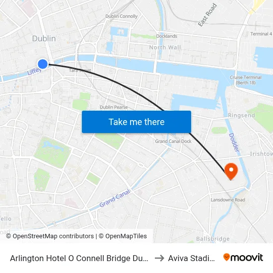 Arlington Hotel O Connell Bridge Dublin to Aviva Stadium map