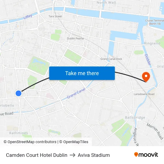 Camden Court Hotel Dublin to Aviva Stadium map