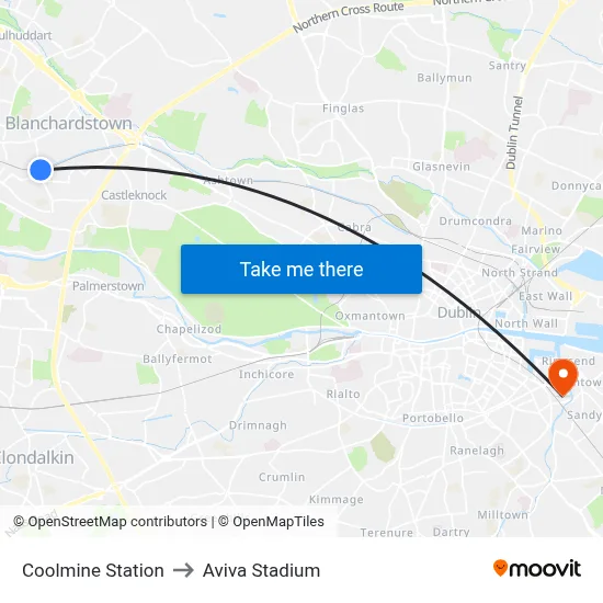 Coolmine Station to Aviva Stadium map