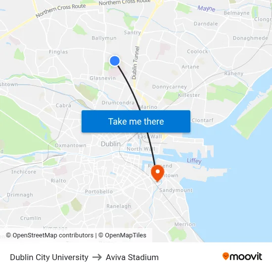 Dublin City University to Aviva Stadium map