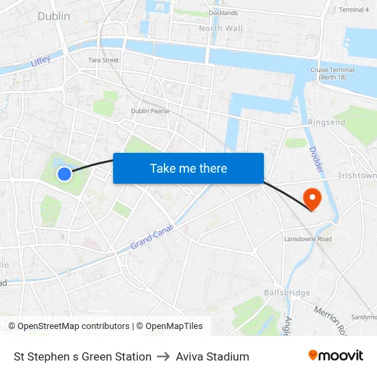 St Stephen s Green Station to Aviva Stadium map