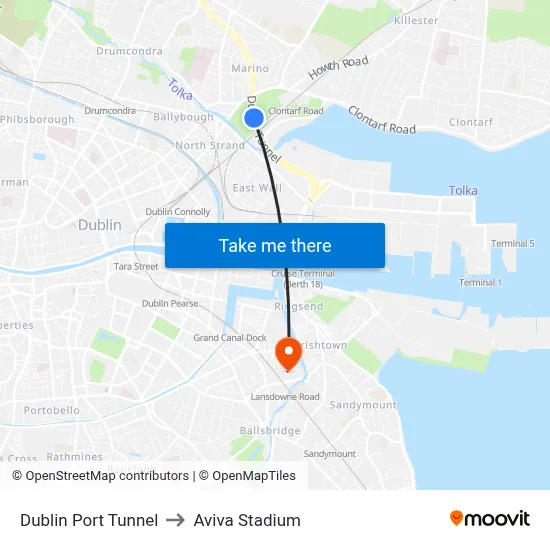 Dublin Port Tunnel to Aviva Stadium map
