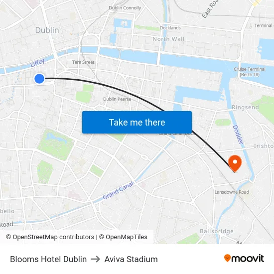 Blooms Hotel Dublin to Aviva Stadium map