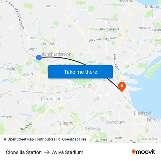 Clonsilla Station to Aviva Stadium map