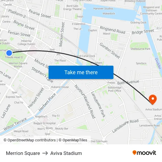Merrion Square to Aviva Stadium map