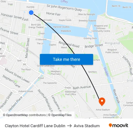Clayton Hotel Cardiff Lane Dublin to Aviva Stadium map