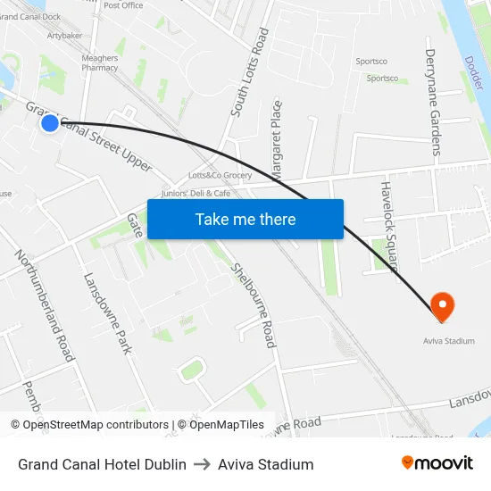 Grand Canal Hotel Dublin to Aviva Stadium map