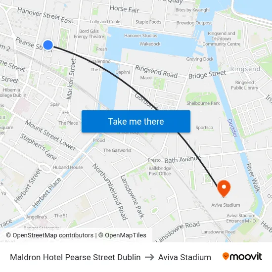 Maldron Hotel Pearse Street Dublin to Aviva Stadium map