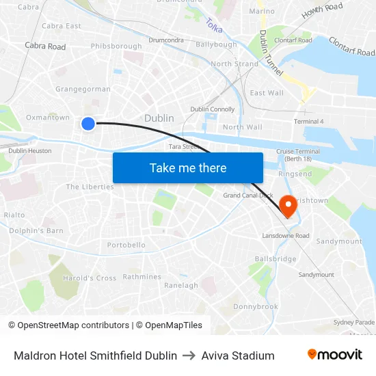 Maldron Hotel Smithfield Dublin to Aviva Stadium map