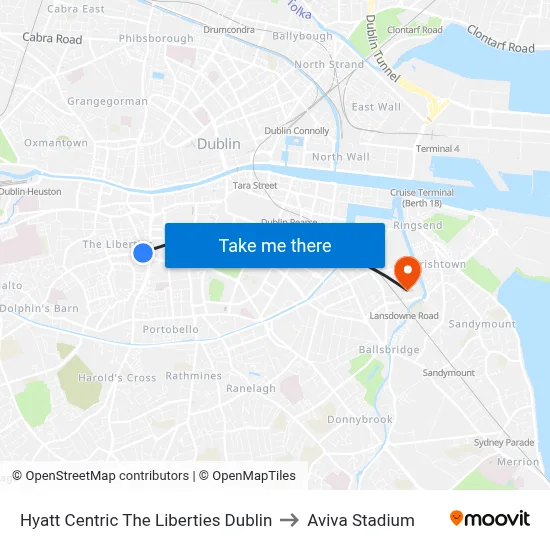 Hyatt Centric The Liberties Dublin to Aviva Stadium map