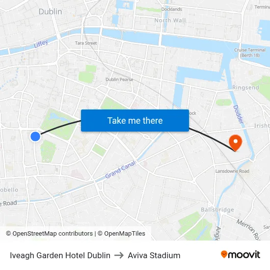 Iveagh Garden Hotel Dublin to Aviva Stadium map