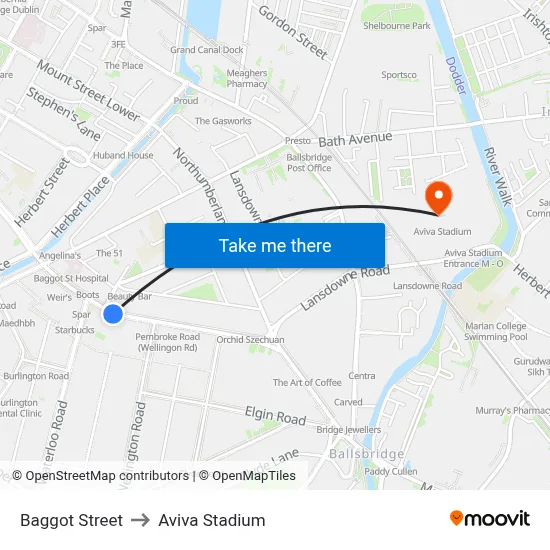 Baggot Street to Aviva Stadium map