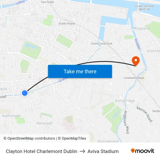 Clayton Hotel Charlemont Dublin to Aviva Stadium map