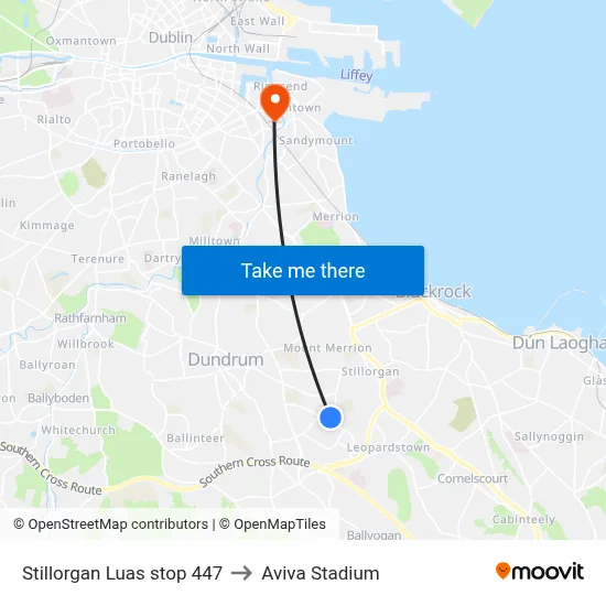 Stillorgan Luas stop 447 to Aviva Stadium map