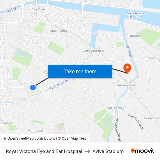 Royal Victoria Eye and Ear Hospital to Aviva Stadium map