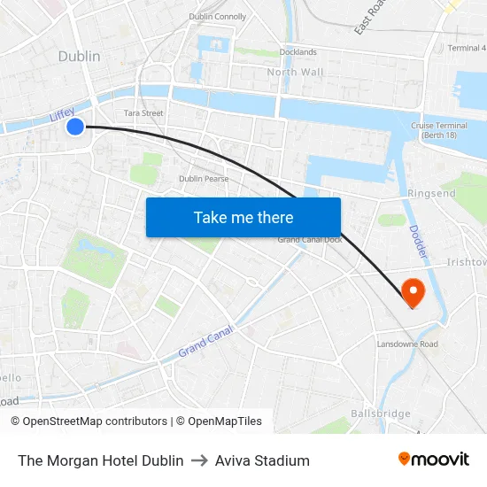 The Morgan Hotel Dublin to Aviva Stadium map