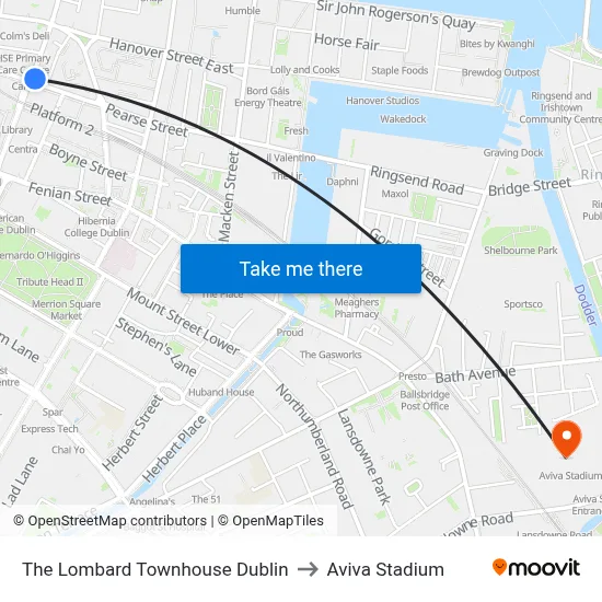The Lombard Townhouse Dublin to Aviva Stadium map