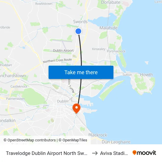 Travelodge Dublin Airport North Swords to Aviva Stadium map