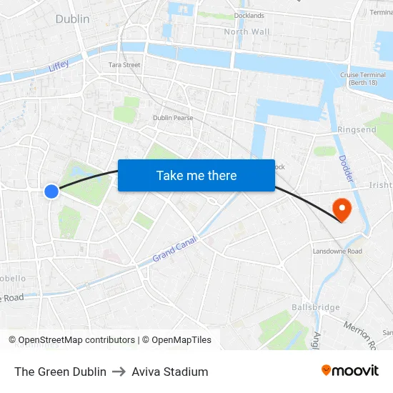 The Green Dublin to Aviva Stadium map