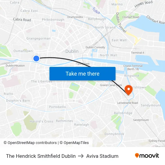 The Hendrick Smithfield Dublin to Aviva Stadium map
