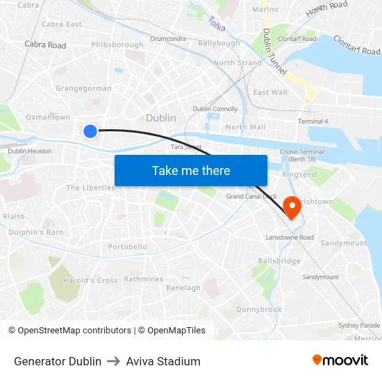 Generator Dublin to Aviva Stadium map