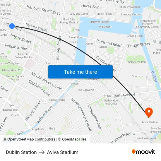 Dublin Station to Aviva Stadium map