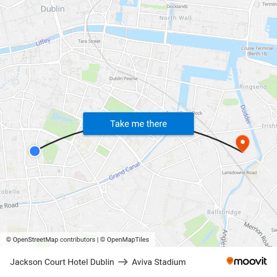 Jackson Court Hotel Dublin to Aviva Stadium map