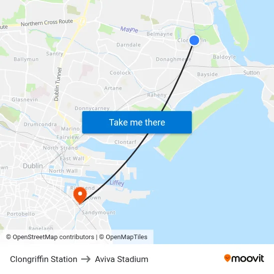 Clongriffin Station to Aviva Stadium map