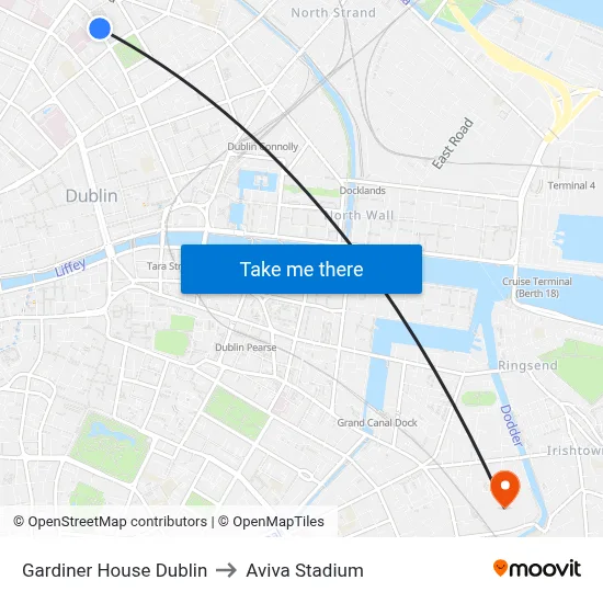 Gardiner House Dublin to Aviva Stadium map