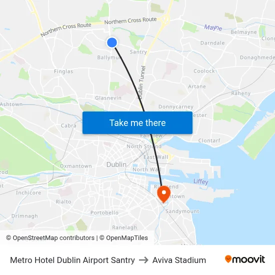 Metro Hotel Dublin Airport Santry to Aviva Stadium map