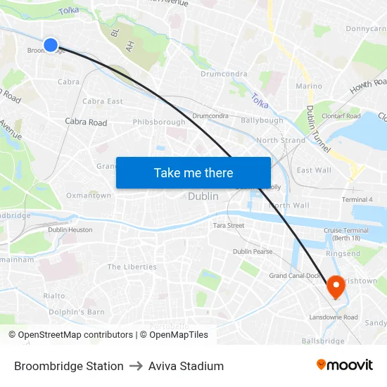 Broombridge Station to Aviva Stadium map