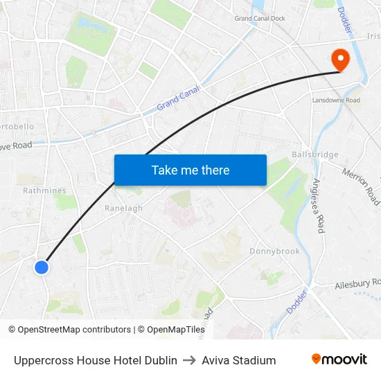 Uppercross House Hotel Dublin to Aviva Stadium map
