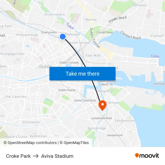 Croke Park to Aviva Stadium map