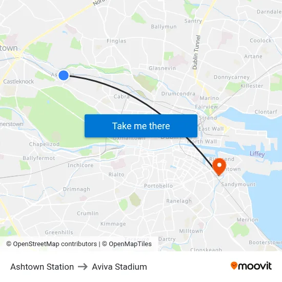 Ashtown Station to Aviva Stadium map