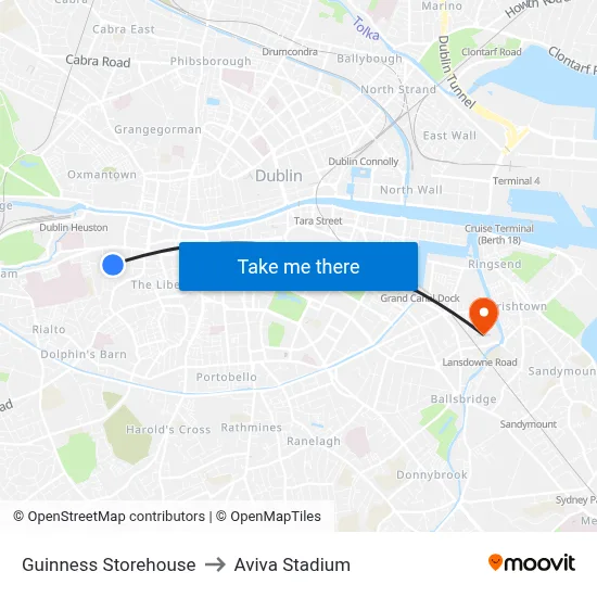 Guinness Storehouse to Aviva Stadium map